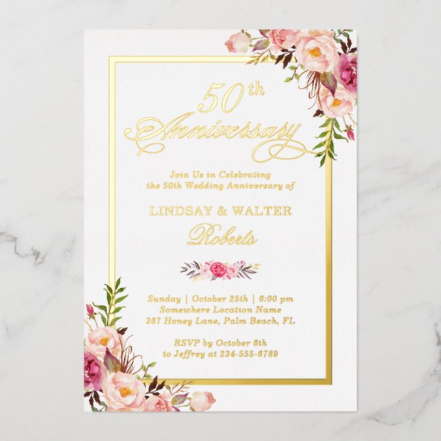 Wedding Anniversary Elegant Blush Floral Real Gold Foil Invitation (Front)