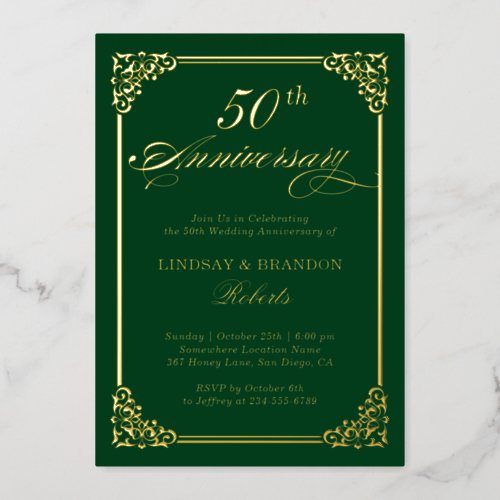 Wedding Anniversary Elegant Frame Green Gold Real Foil Invitation