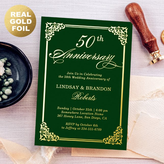 Wedding Anniversary Elegant Frame Green Gold Real Foil Invitation (Creator Uploaded)
