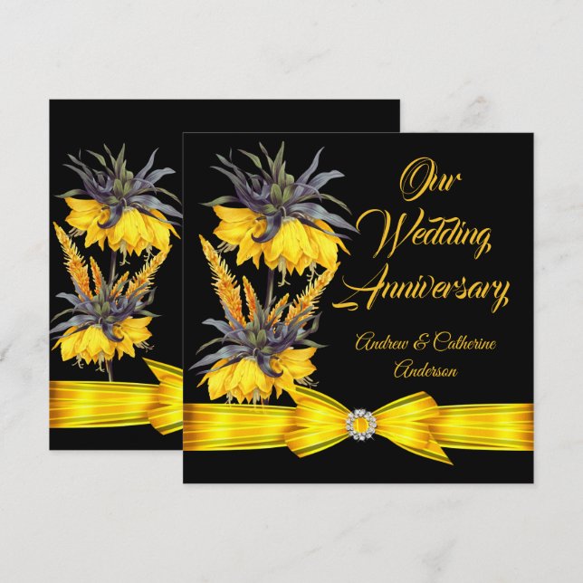 Wedding Anniversary Exotic Yellow Floral Black bow Invitation (Front/Back)