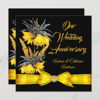 Wedding Anniversary Exotic Yellow Floral Black bow Invitation