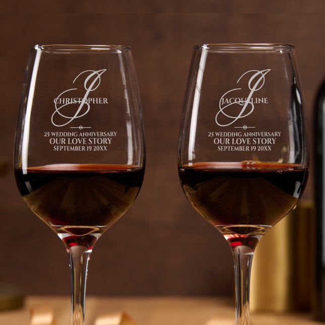 Wedding Anniversary Gift LOVE STORY Etched Wine Glass (A Perfect Wedding Anniversary Gift: "OUR LOVE STORY" Etched Wine Glass.)