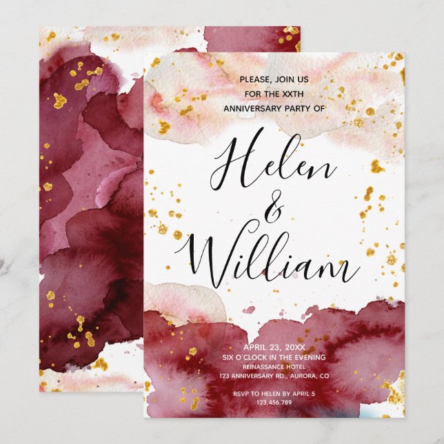 Wedding Anniversary Gold and Burgundy Invitation (Front/Back)