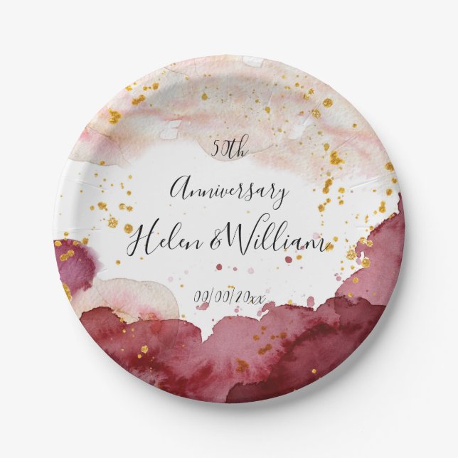 Wedding Anniversary Gold and Burgundy Paper Plates (Front)