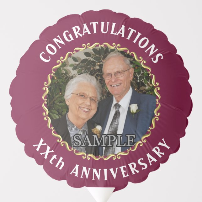 Wedding Anniversary Gold Circle and Photo burgundy Balloon (Front)