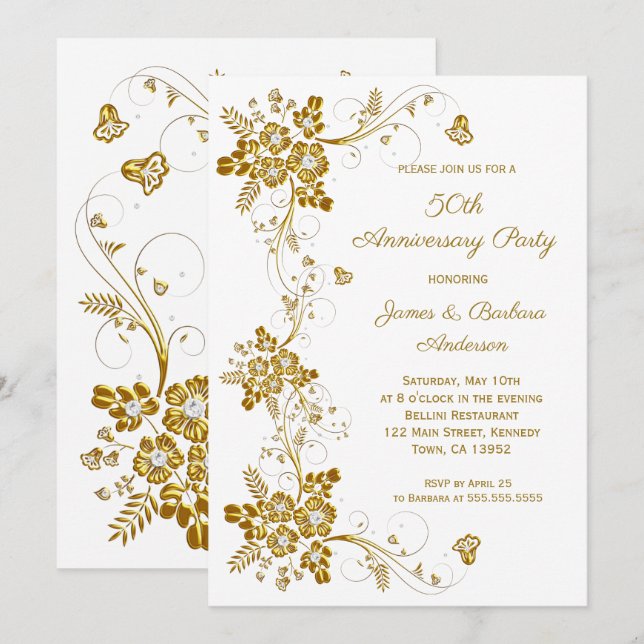 Wedding Anniversary Gold diamond floral white Invitation (Front/Back)