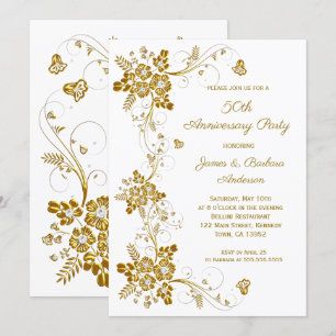 Wedding Anniversary Gold diamond floral white Invitation