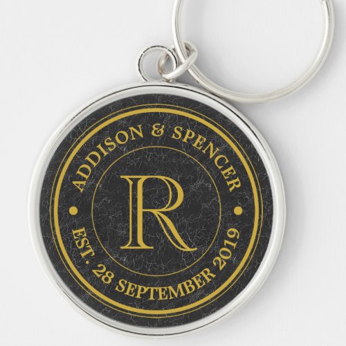 Wedding Anniversary Gold Monogram Black Leather Keychain