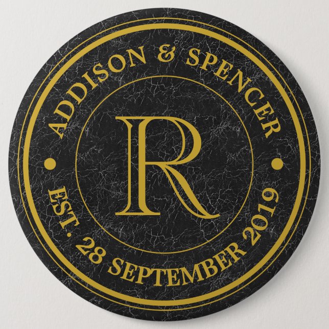 Wedding Anniversary Gold Monogram Black Leather Pinback Button (Front)