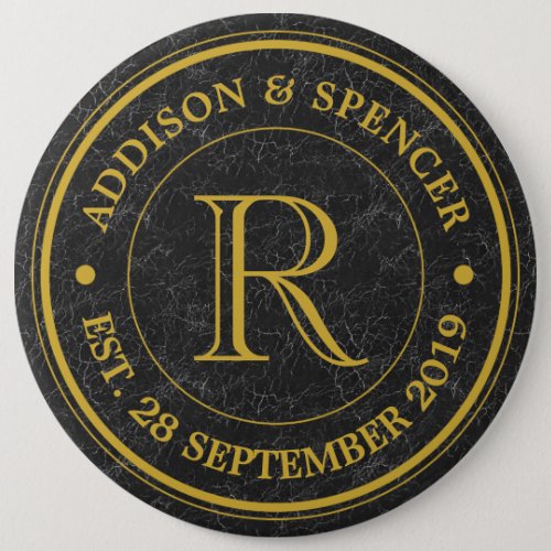 Wedding Anniversary Gold Monogram Black Leather Pinback Button