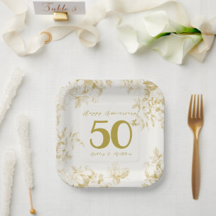 Wedding Anniversary golden vintage custom script Paper Plates