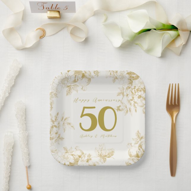Wedding Anniversary golden vintage custom script Paper Plates (Wedding)