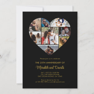 Wedding Anniversary Heart Photo Collage Black Invitation
