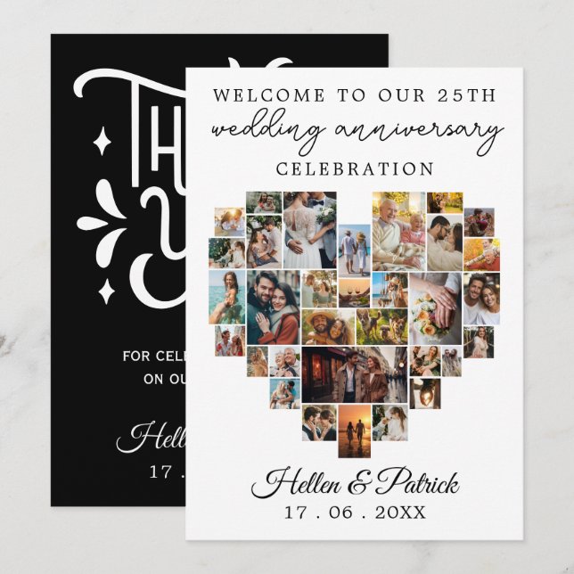 Wedding Anniversary Heart Photo Collage Modern Invitation (Front/Back)