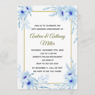 Wedding Anniversary Invitation Floral Blue Gold
