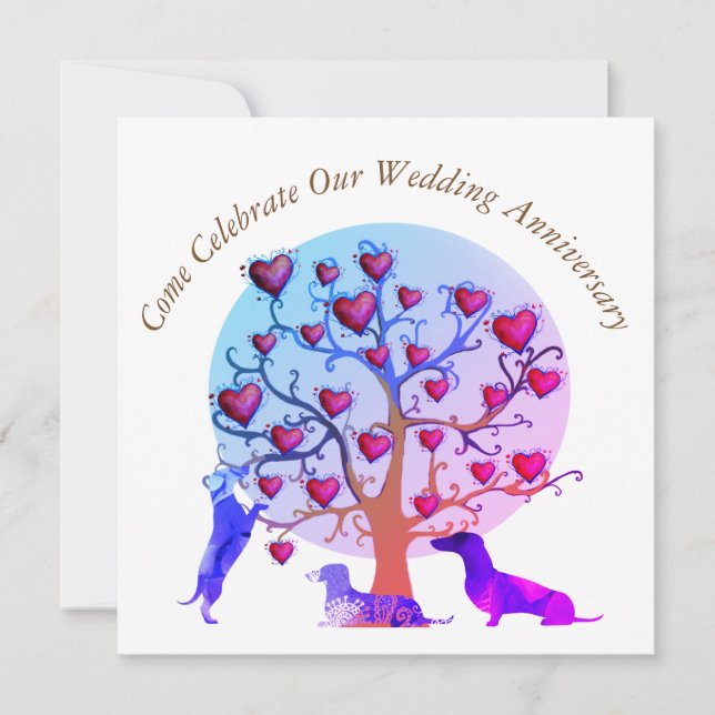 Wedding Anniversary Invitation, Red Hearts tree Invitation (Front)
