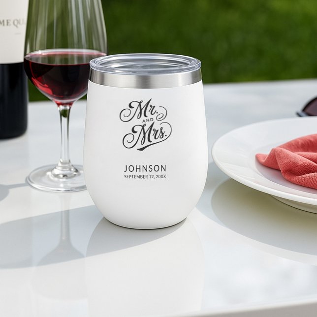 Wedding Anniversary Mr & Mrs Modern Elegant Script Thermal Wine Tumbler (Creator Uploaded)