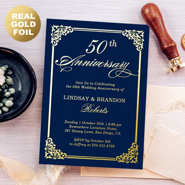 Wedding Anniversary Navy Blue Rococo Frame Gold Foil Invitation (Creator Uploaded)