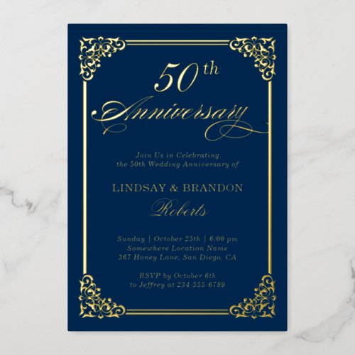 Wedding Anniversary Navy Blue Vintage Frame Gold Foil Invitation