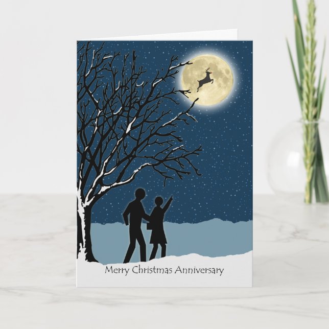 Wedding Anniversary on Christmas, Deer in the Moon Holiday Card (Front)
