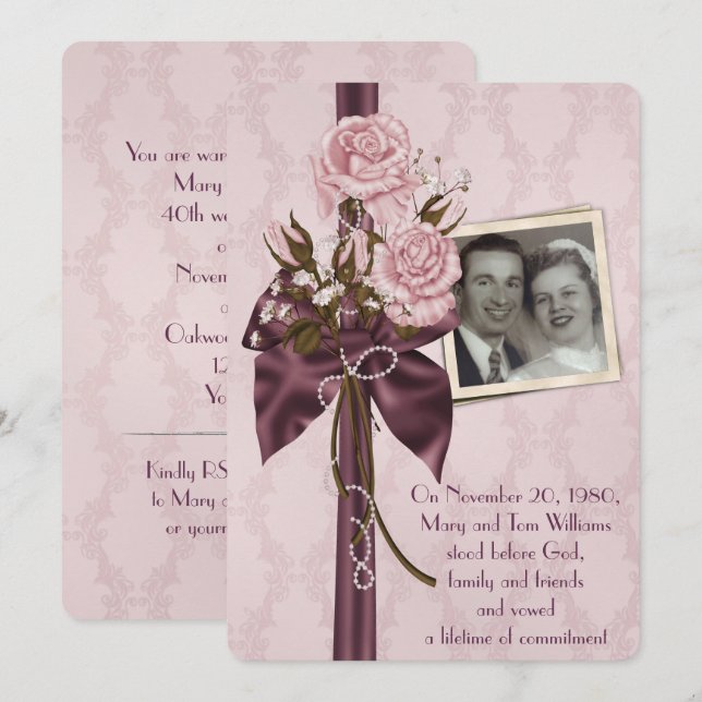 wedding anniversary party-blush roses and damask invitation (Front/Back)