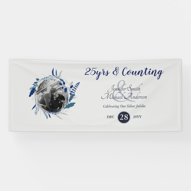 Wedding Anniversary Party PHOTO Welcome Blue Grey Banner (Horizontal)