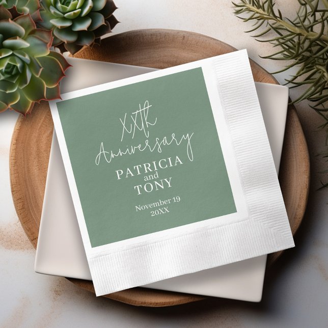 Wedding Anniversary Personalized Sage Green Modern Napkins (Modern Anniversary Napkins - Personalize with the year and names - sage green)