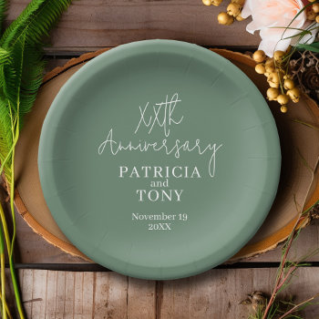Wedding Anniversary Personalized Sage Green Modern Paper Plates by JustWeddings at Zazzle