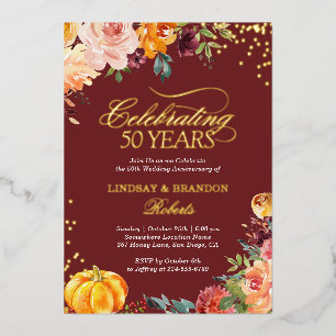 Wedding Anniversary Photo Autumn Burgundy Gold Foil Invitation