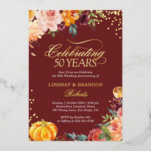 Wedding Anniversary Photo Autumn Burgundy Gold Foil Invitation (Front)