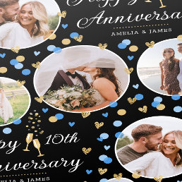 Wedding Anniversary Photo Collage Blue Black Gold Wrapping Paper