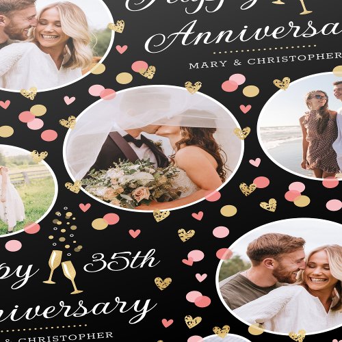 Wedding Anniversary Photo Collage Coral Black Gold Wrapping Paper