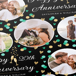 Wedding Anniversary Photo Collage Green Black Gold Wrapping Paper