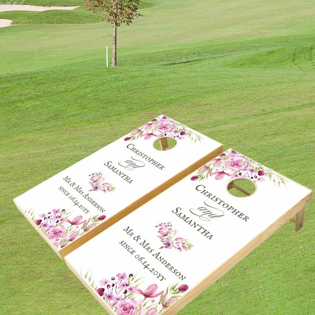 Wedding Anniversary Pink Flowers Personalized Cornhole Set (Creator Uploaded)