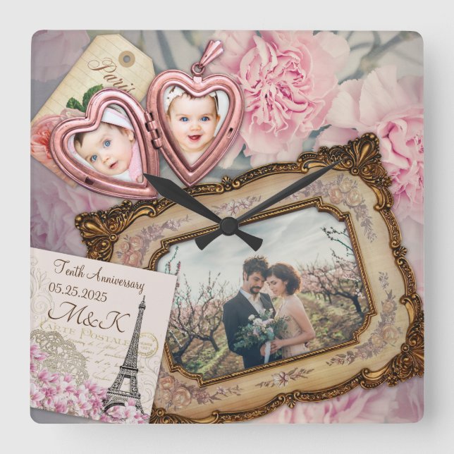 Wedding Anniversary Pink Heart Locket Your Photos Square Wall Clock (Front)