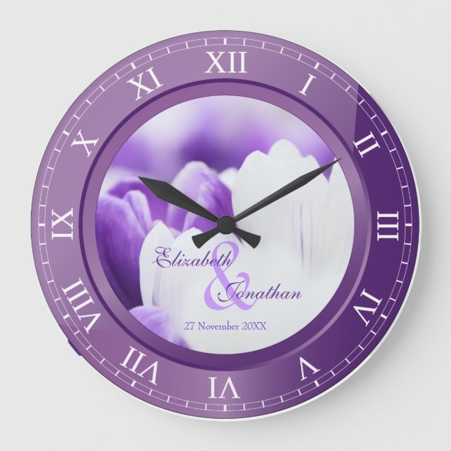 Wedding Anniversary Purple Amethyst Roman Numerals Large Clock (Front)