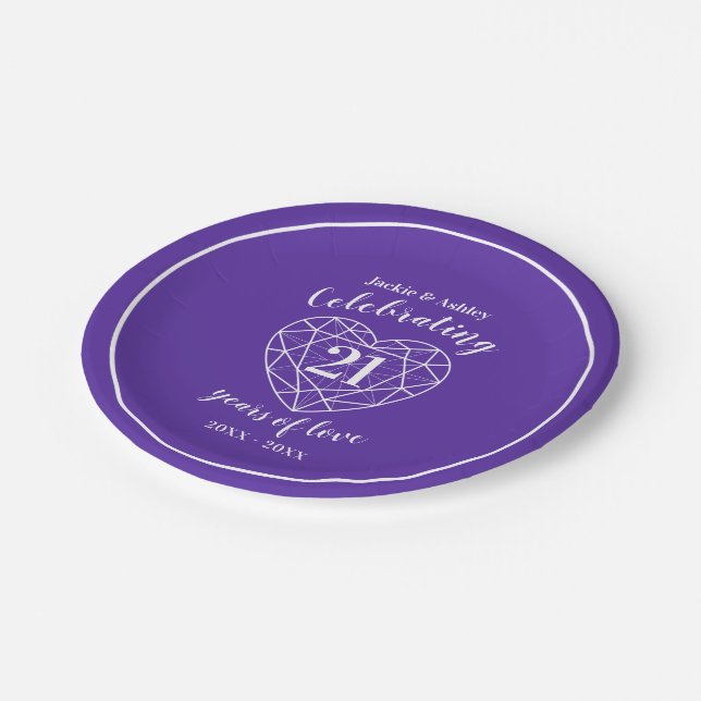 Wedding anniversary purple iolite 21 years party paper plates (Angled)