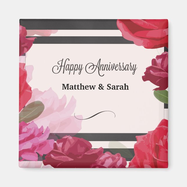 Wedding Anniversary Roses, Stripes, Custom Names Magnet (Front)