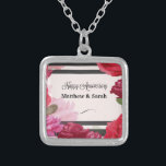 Wedding Anniversary Roses, Stripes, Custom Names Silver Plated Necklace<br><div class="desc">This wedding anniversary gift,  souvenir,  giveaway or party essential has black stripes in the background and various colored pink and red roses around the sides and bottom. Beautiful and trendy item to personalize with the couple’s names to offer a wonderful keepsake on their anniversary.</div>