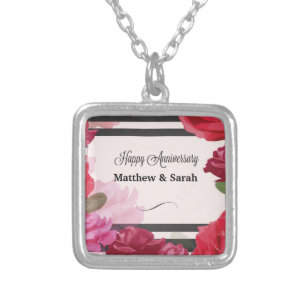 Wedding Anniversary Roses, Stripes, Custom Names Silver Plated Necklace