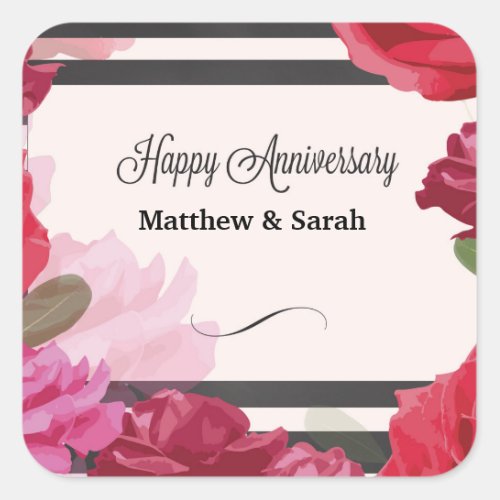 Wedding Anniversary Roses Stripes Custom Names Square Sticker