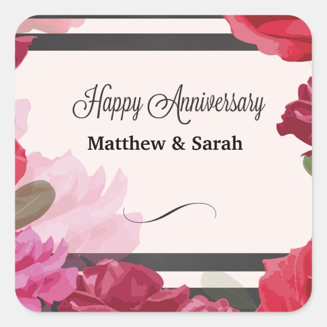 Wedding Anniversary Roses, Stripes, Custom Names Square Sticker (Front)