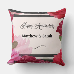 Wedding Anniversary Roses, Stripes, Custom Names Throw Pillow