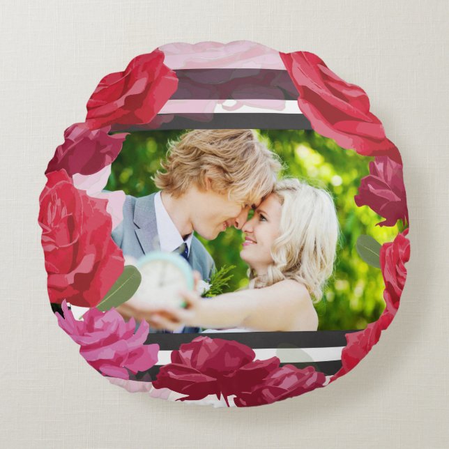 Wedding Anniversary Roses, Stripes, Custom Photo Round Pillow (Front)