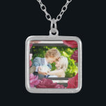 Wedding Anniversary Roses, Stripes, Custom Photo Silver Plated Necklace<br><div class="desc">Congratulate a couple on their wedding anniversary with this pretty customizable photo gift,  souvenir,  giveaway or party essential. Add a special picture of the couple inside this black and white striped frame with roses,  and it will be a keeper!</div>
