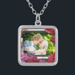 Wedding Anniversary Roses, Stripes, Custom Photo Silver Plated Necklace<br><div class="desc">Congratulate a couple on their wedding anniversary with this pretty customizable photo gift,  souvenir,  giveaway or party essential. Add a special picture of the couple inside this black and white striped frame with roses,  and it will be a keeper!</div>