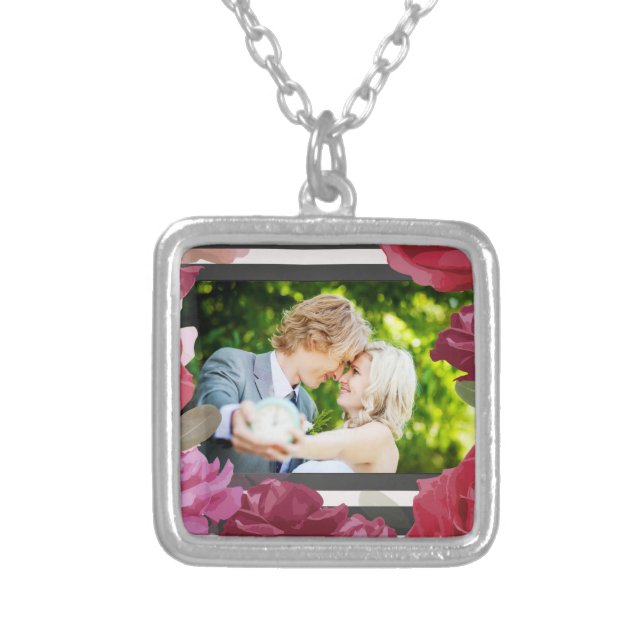 Wedding Anniversary Roses, Stripes, Custom Photo Silver Plated Necklace (Front)
