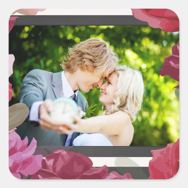 Wedding Anniversary Roses, Stripes, Custom Photo Square Sticker (Front)