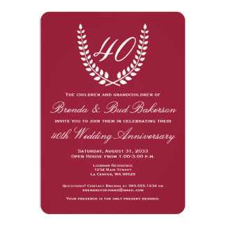 Wedding Anniversary - Ruby Red with White Laurel Invitation