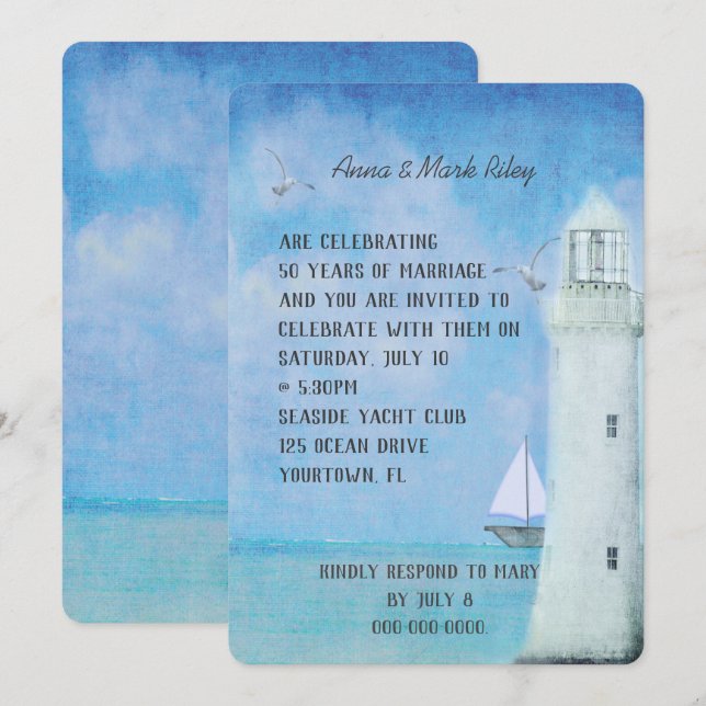 wedding anniversary-sailboat  and ocean lighthouse invitation (Front/Back)